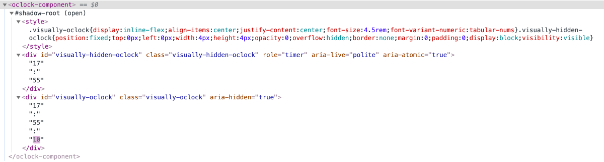 Chrome Dev Tools の Elements タブより oclock-component のタグ内部が開いて閲覧しているスクリーンショット