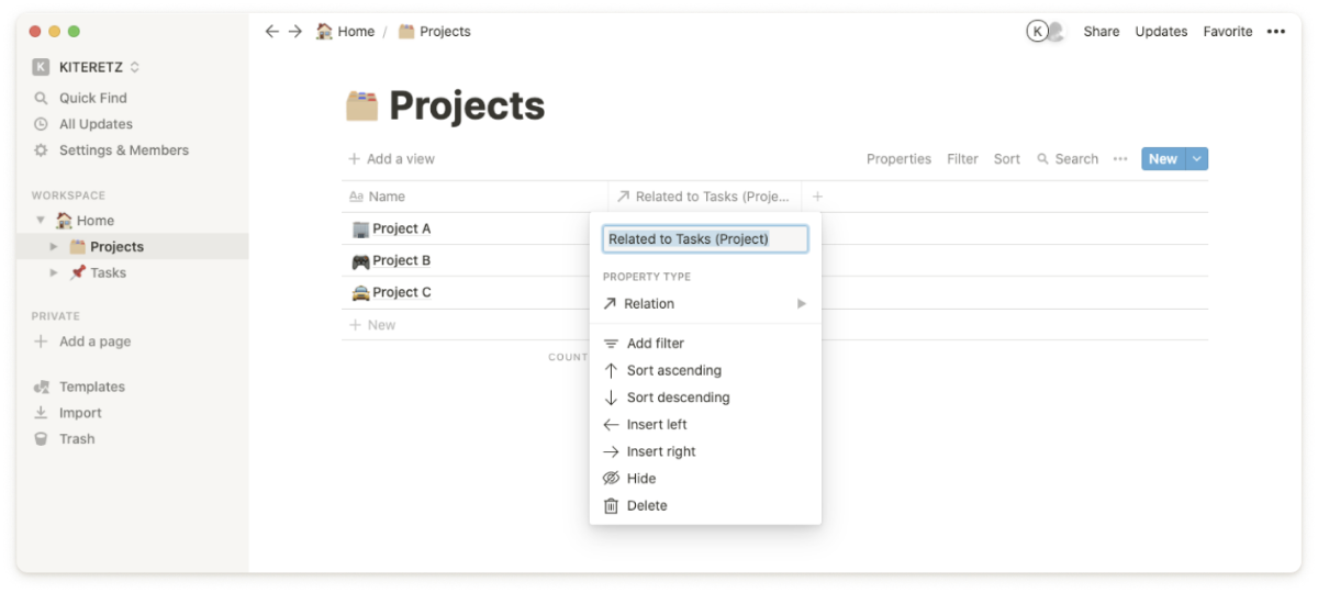 プロジェクトデータベースで自動作成されたプロパティのスクリーンショット
