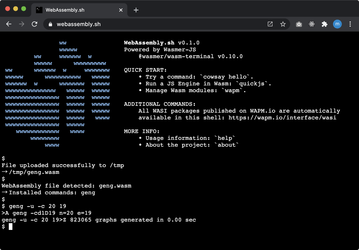 WebAssembly.sh で geng.wasm を実行している様子