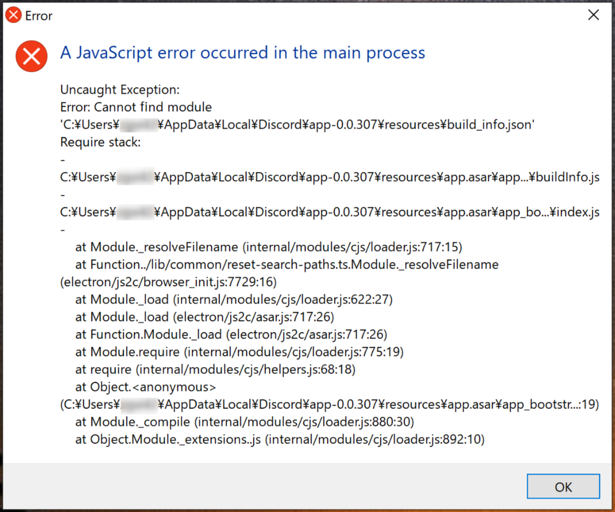 Process error. Ошибка JAVASCRIPT Error occurred in the main process.