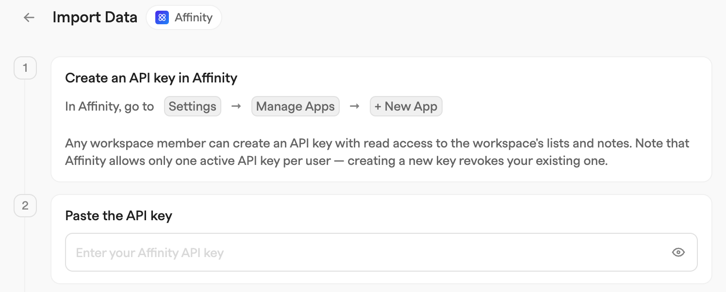 Affinity import wizard showing the step to create an API key and an empty field for pasting it