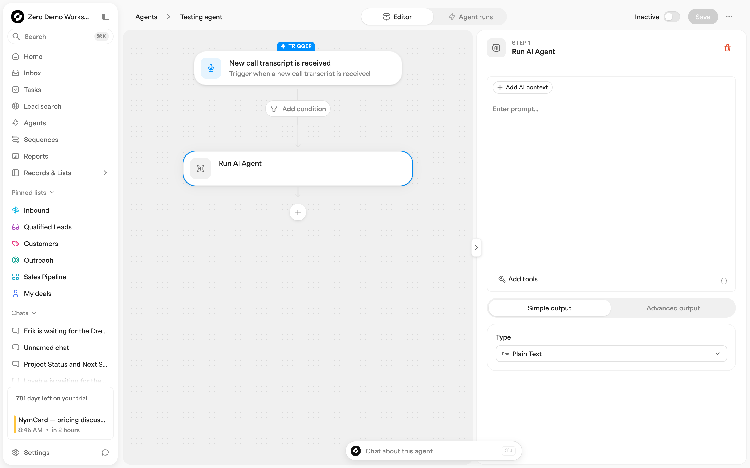 Agent builder with a trigger node, an Add condition step and a Run AI Agent action on the canvas, beside the step settings panel