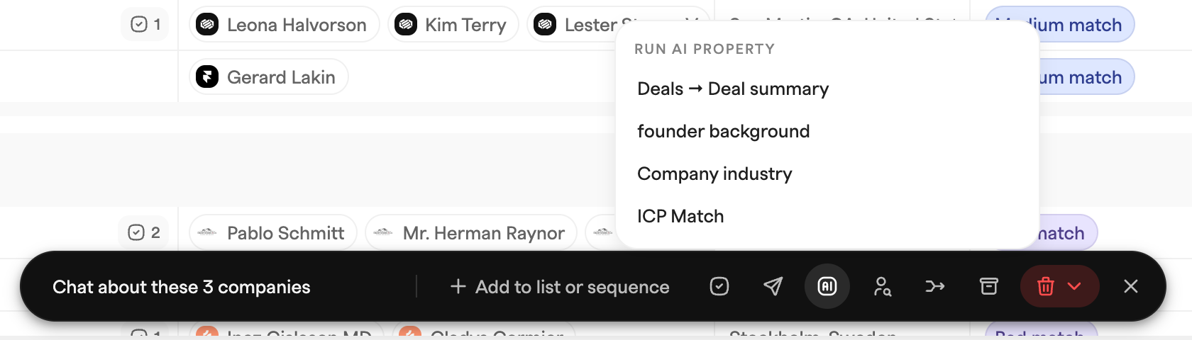 Run AI property menu listing four AI properties, opened from the bulk action bar over a selected set of records
