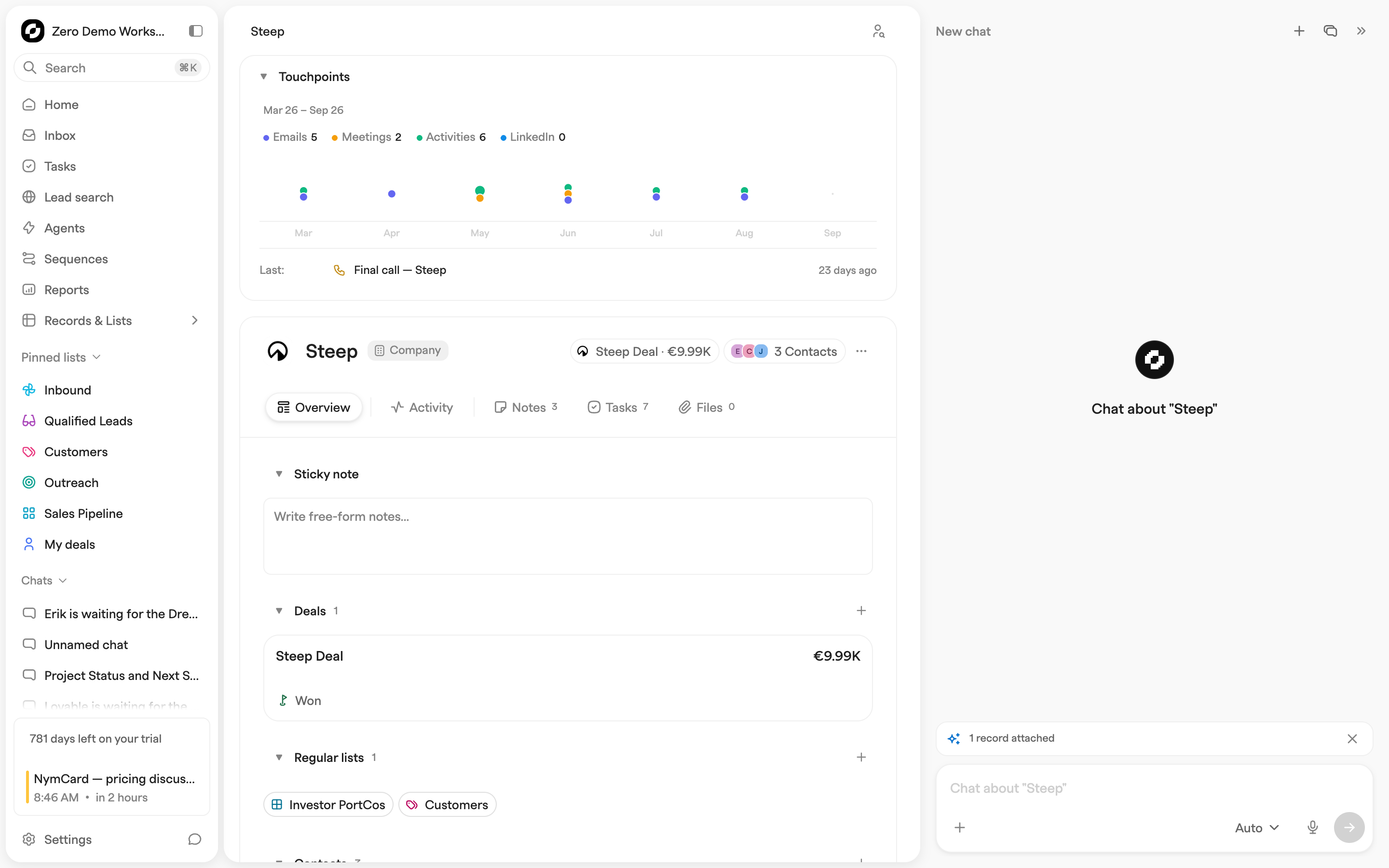 Record-scoped chat panel open beside a company record, showing an empty conversation, an attached-record pill and the composer