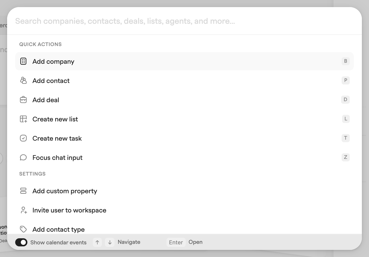 Command menu with a search field and quick actions for adding a company, contact, deal, list or task, plus settings actions