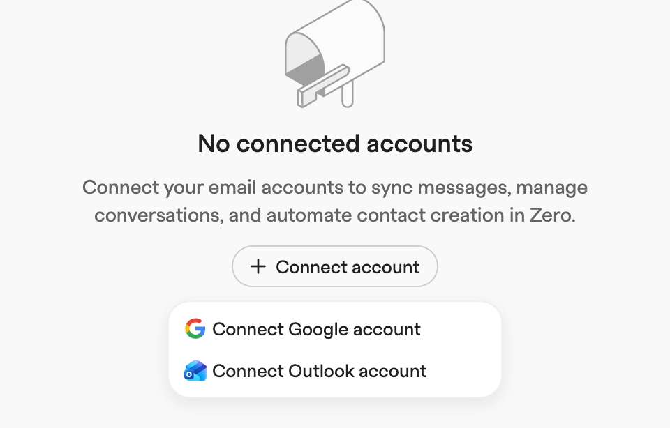 Connect account menu open over the empty accounts state, offering Connect Google account and Connect Outlook account