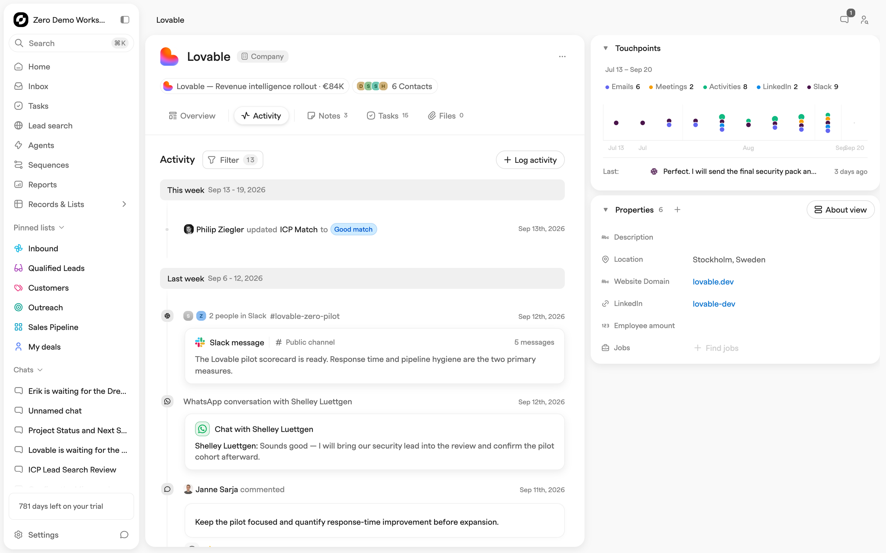 Activity tab of a record showing logged calls, an email thread and a field change grouped by month, with a Log activity button