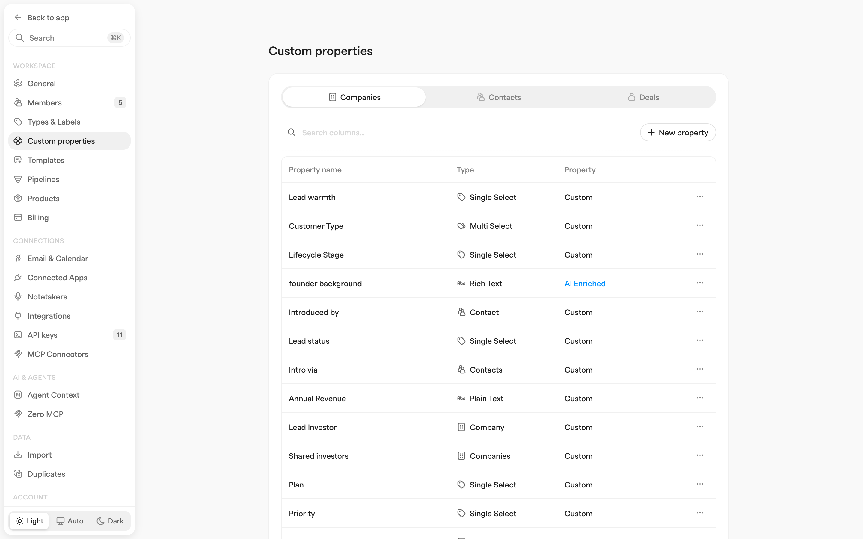 Custom properties settings on the Companies tab, listing property names with their field types and AI-enriched flags