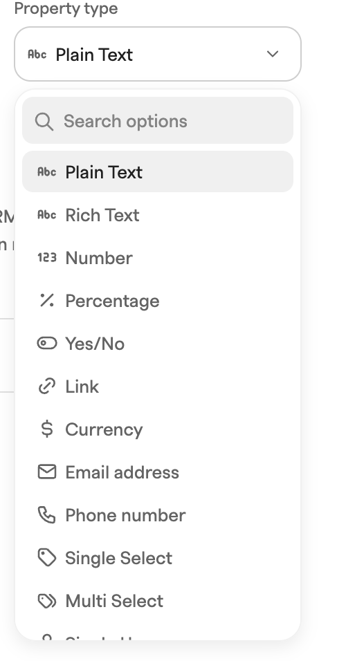 Property type dropdown open, listing Plain Text, Rich Text, Number, Percentage, Yes/No, Link, Currency and more