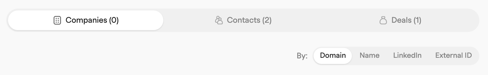 Duplicates tab bar for companies, contacts and deals above the match key switch for Domain, Name, LinkedIn and External ID