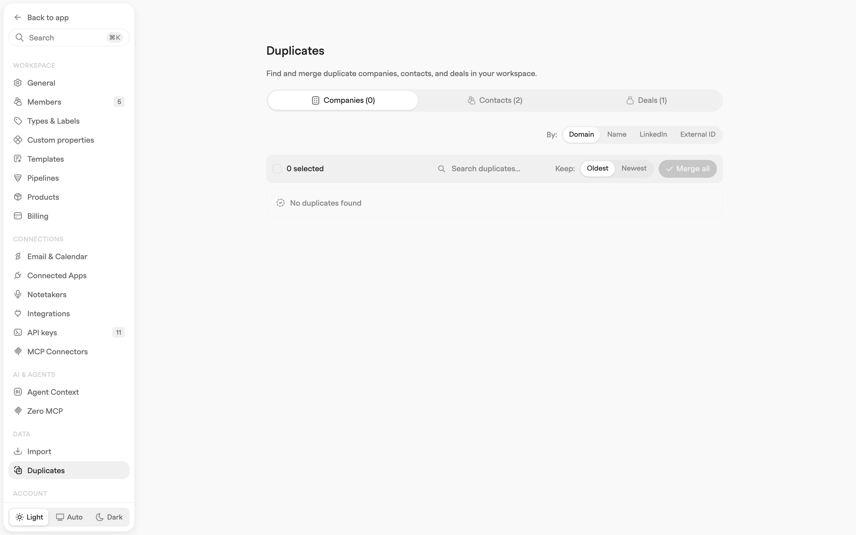 Duplicates settings on the Companies tab with match-key options, a merge toolbar and a no duplicates found message