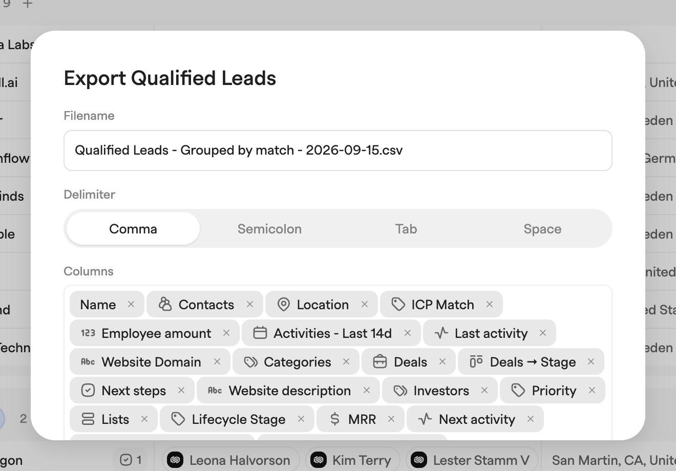 Export dialog with a filename field, delimiter options and a removable chip for each column included in the CSV