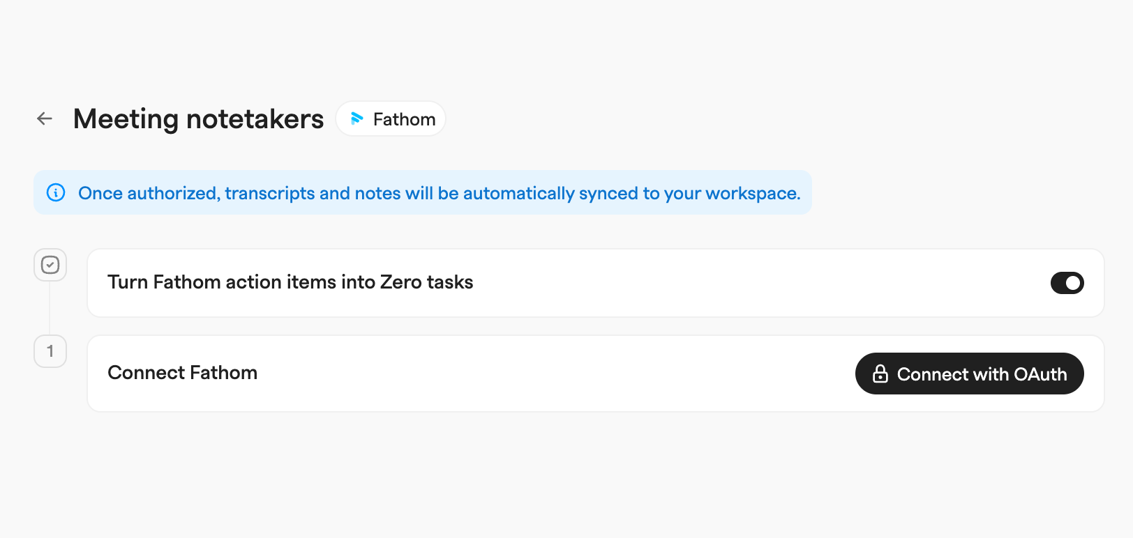 Fathom notetaker setup with a toggle turning action items into tasks and a Connect with OAuth button