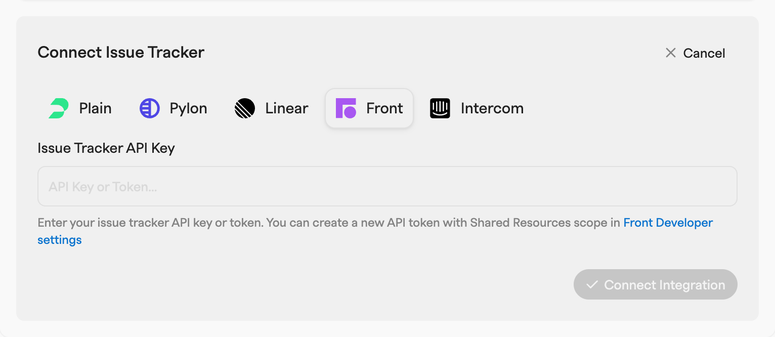 Connect Issue Tracker dialog with Front selected, an empty API key field and a link to the provider's developer settings