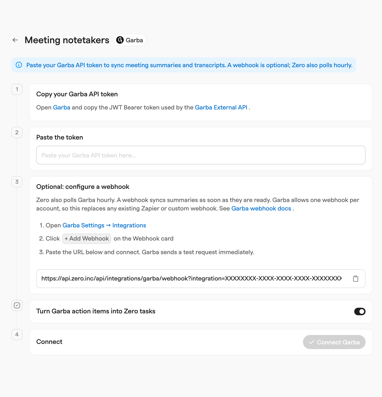Garba notetaker setup with an empty API token field, optional webhook steps, a placeholder webhook URL and a connect button