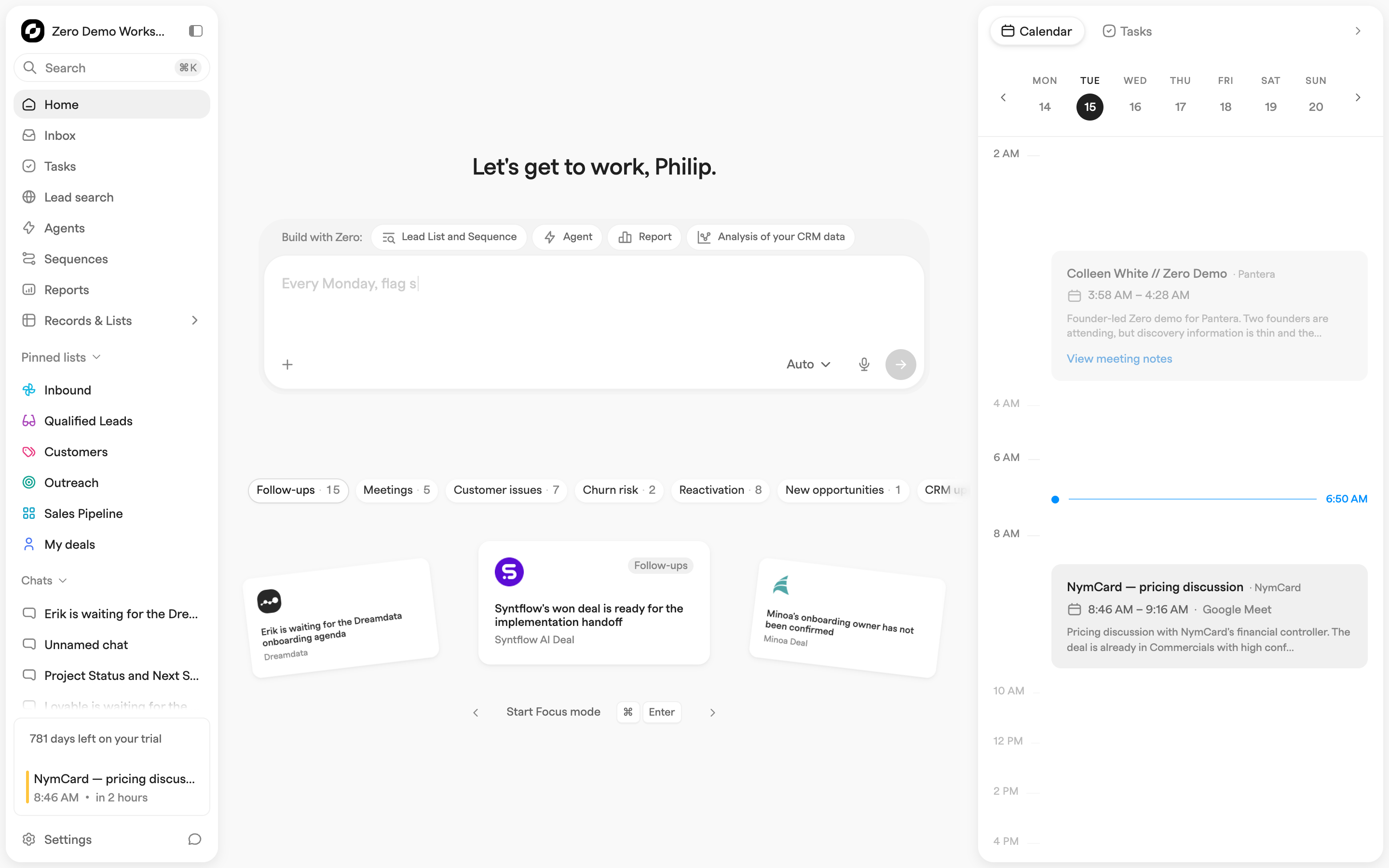 Home view with the Build with Zero prompt box, recommendation category chips, suggestion cards and a calendar and tasks side panel