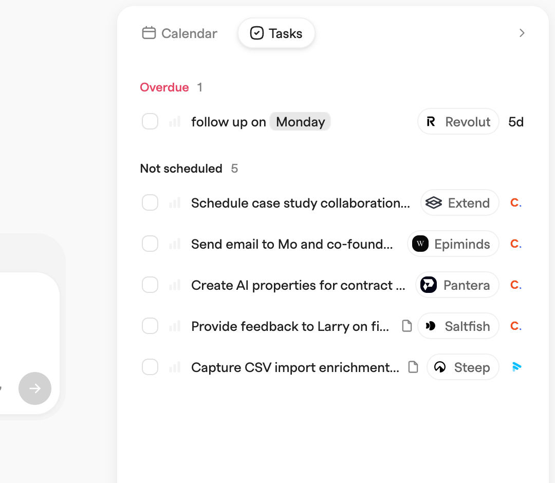 Tasks tab of the home side panel with an Overdue section and five unscheduled tasks, each showing its linked record