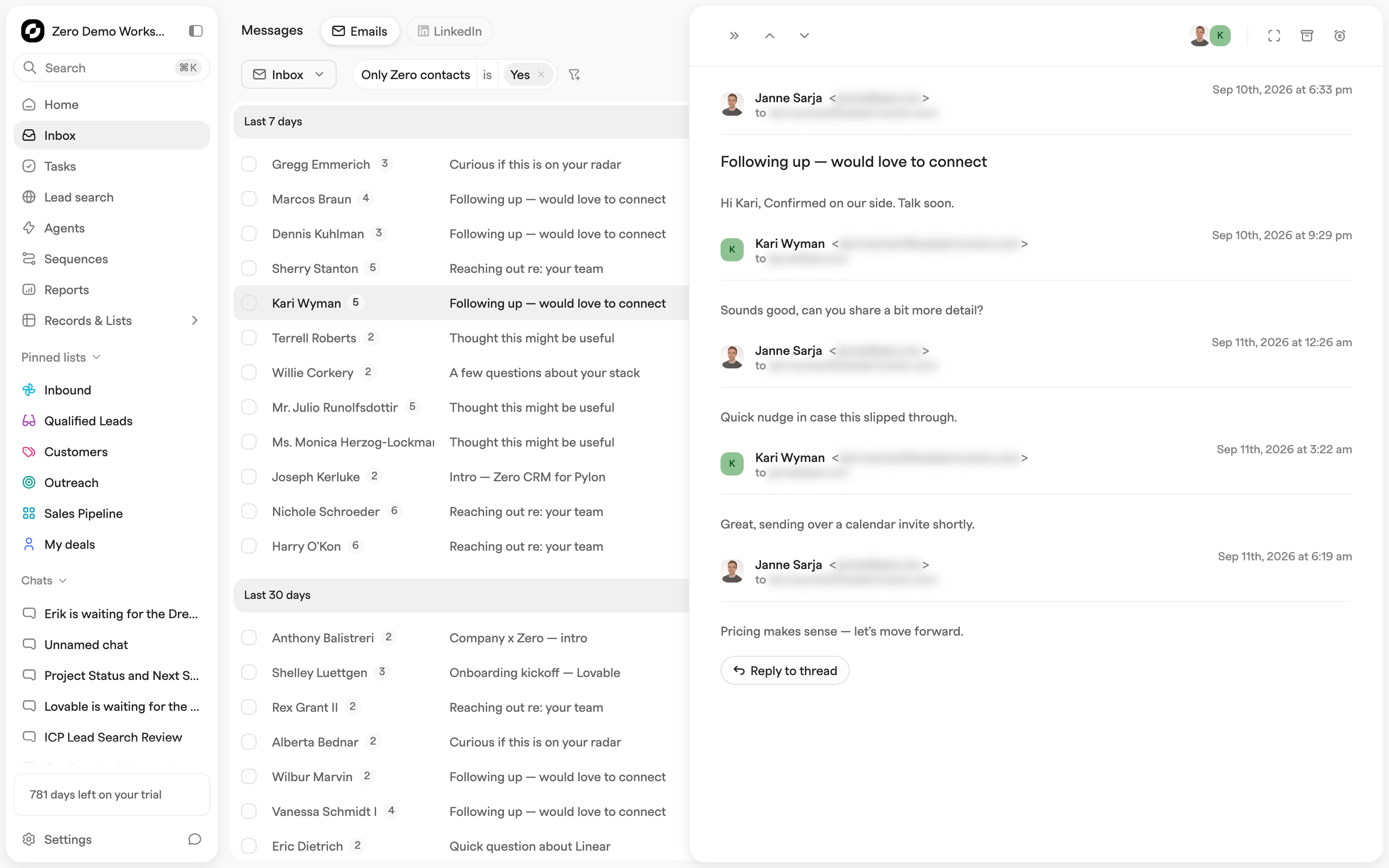 Email thread reading pane beside the message list, showing three messages in a conversation and an inline reply composer