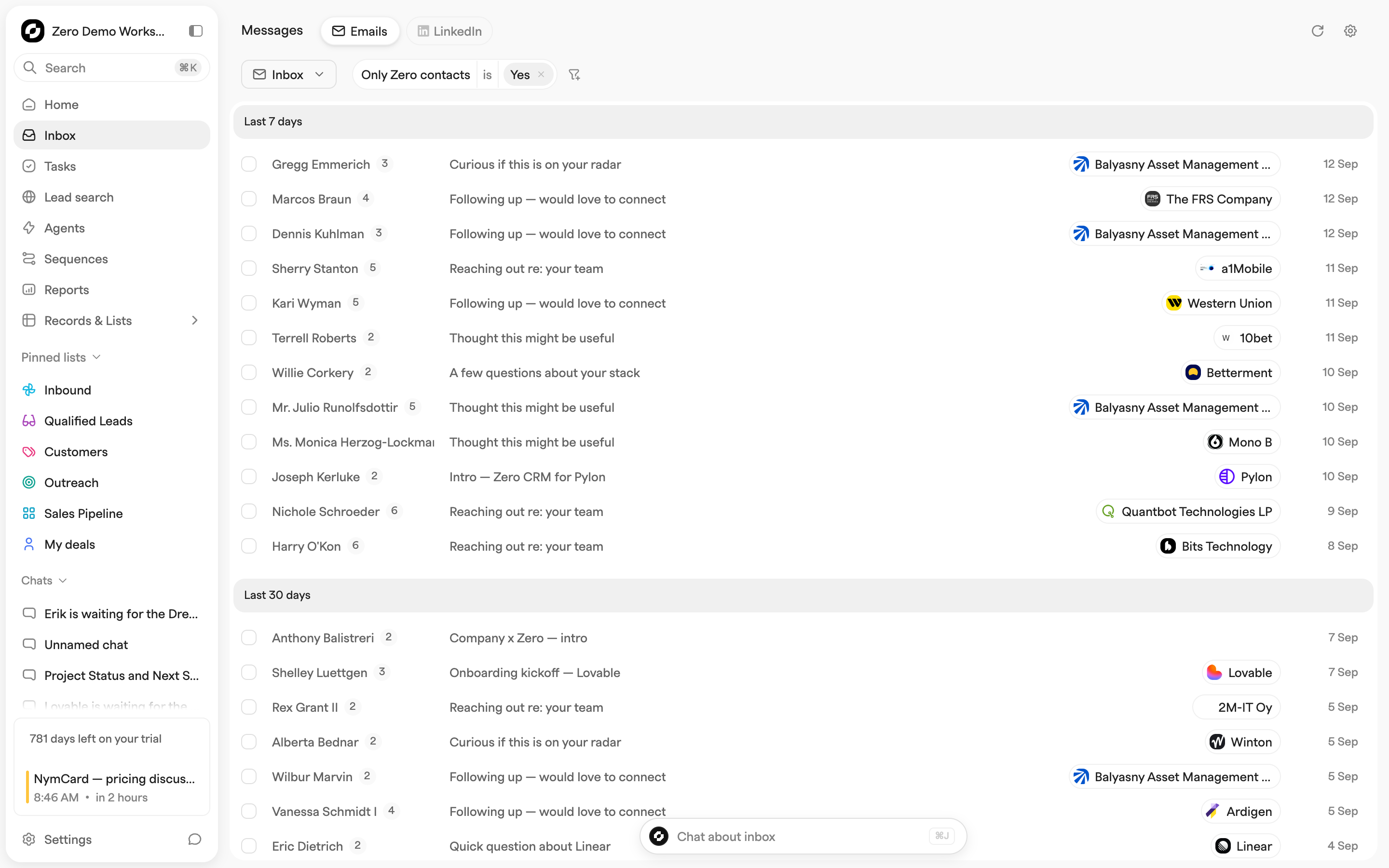 Inbox message list filtered to CRM contacts, grouped by Last 7 days and Last 30 days, with sender, subject and linked company columns