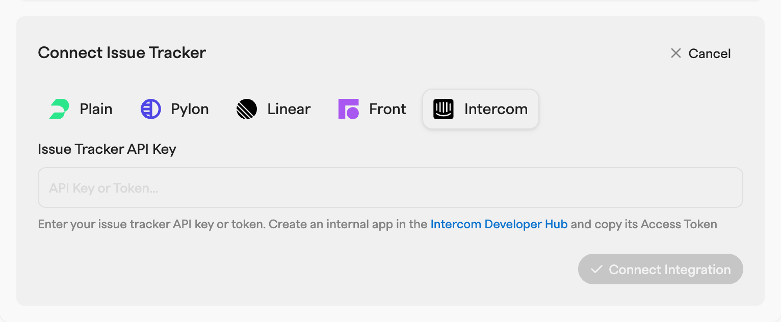 Connect Issue Tracker dialog with Intercom selected, an empty API key field and a link to the provider's developer hub