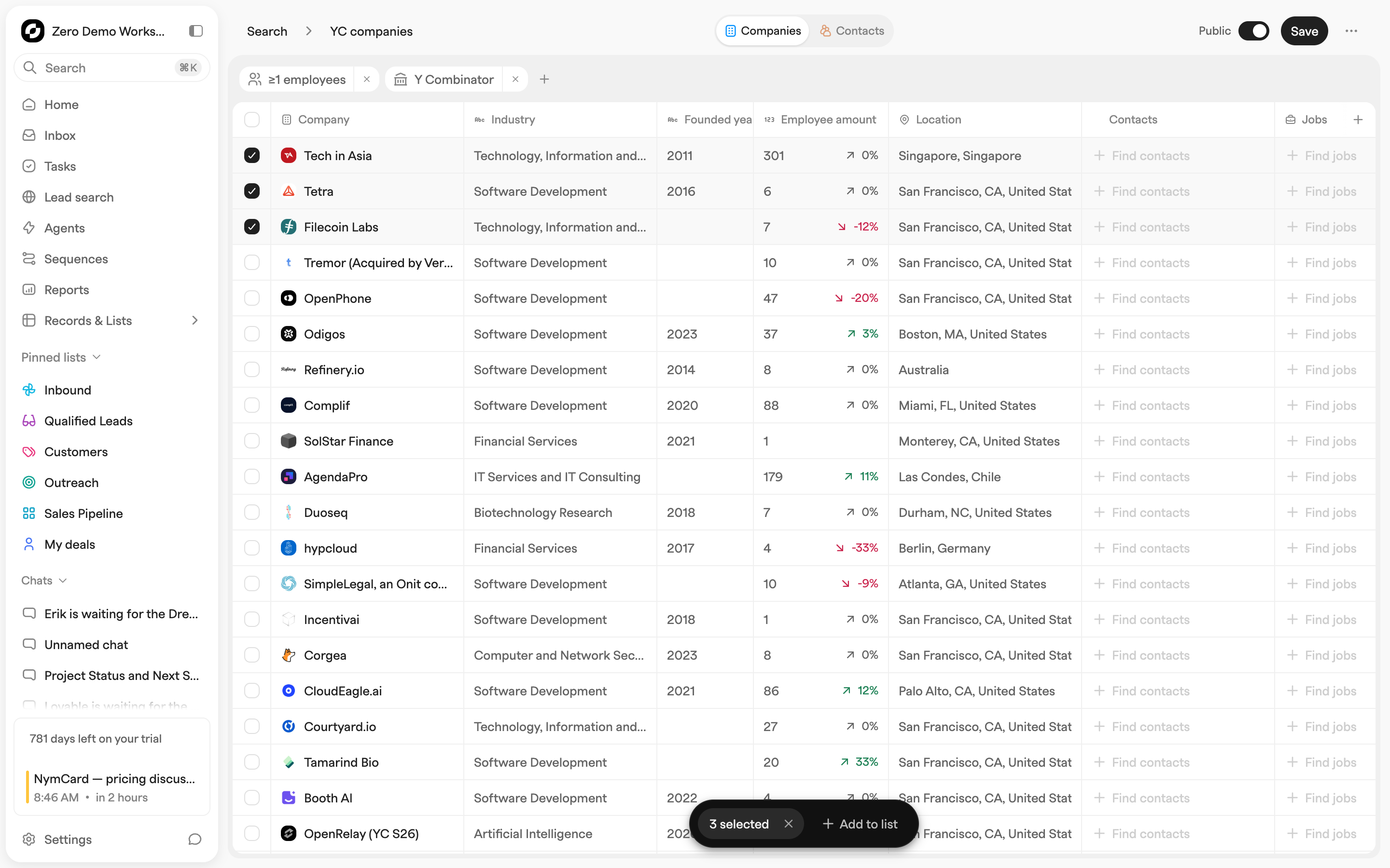 Lead search results grid with filter chips, company, industry, headcount and location columns, and a bulk selection bar