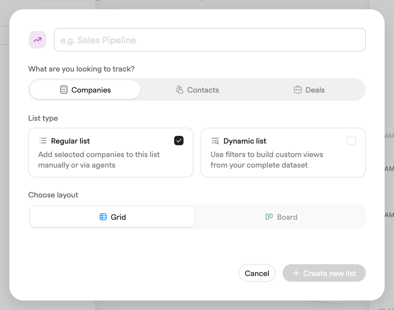 Create-list dialog with a name field, Companies, Contacts and Deals selector, Regular and Dynamic list types, and Grid or Board layout