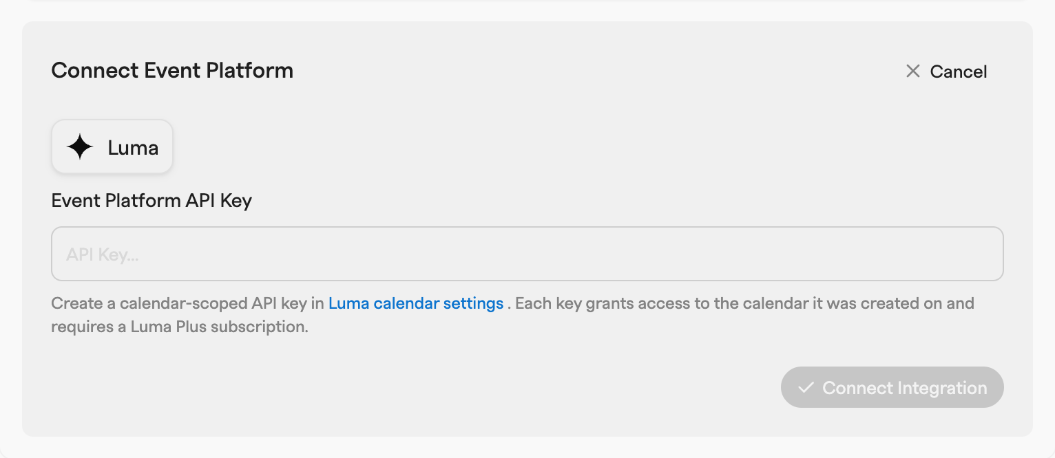 Connect Event Platform dialog with Luma selected, an empty API key field and a note about calendar-scoped keys