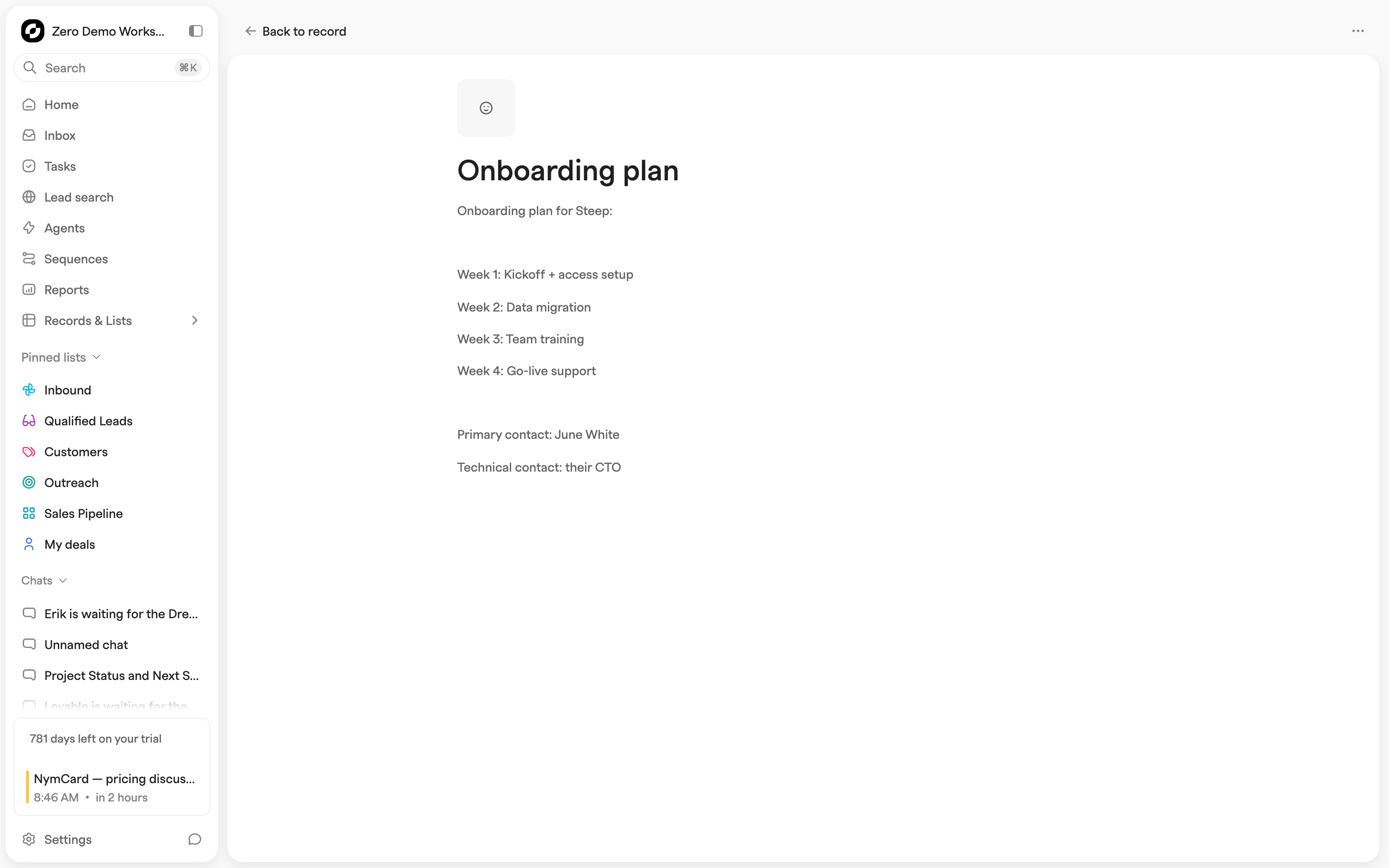 Note editor showing a note title, an icon placeholder and a short plain-text body, opened from a record
