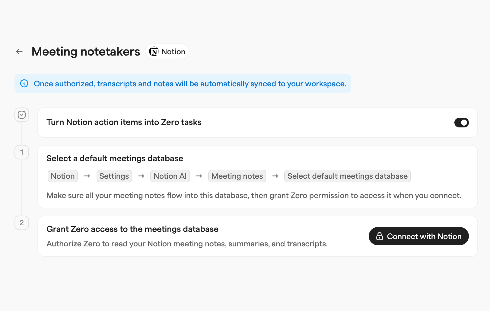 Notion notetaker setup with a task toggle, steps for selecting a meetings database and a Connect with Notion button