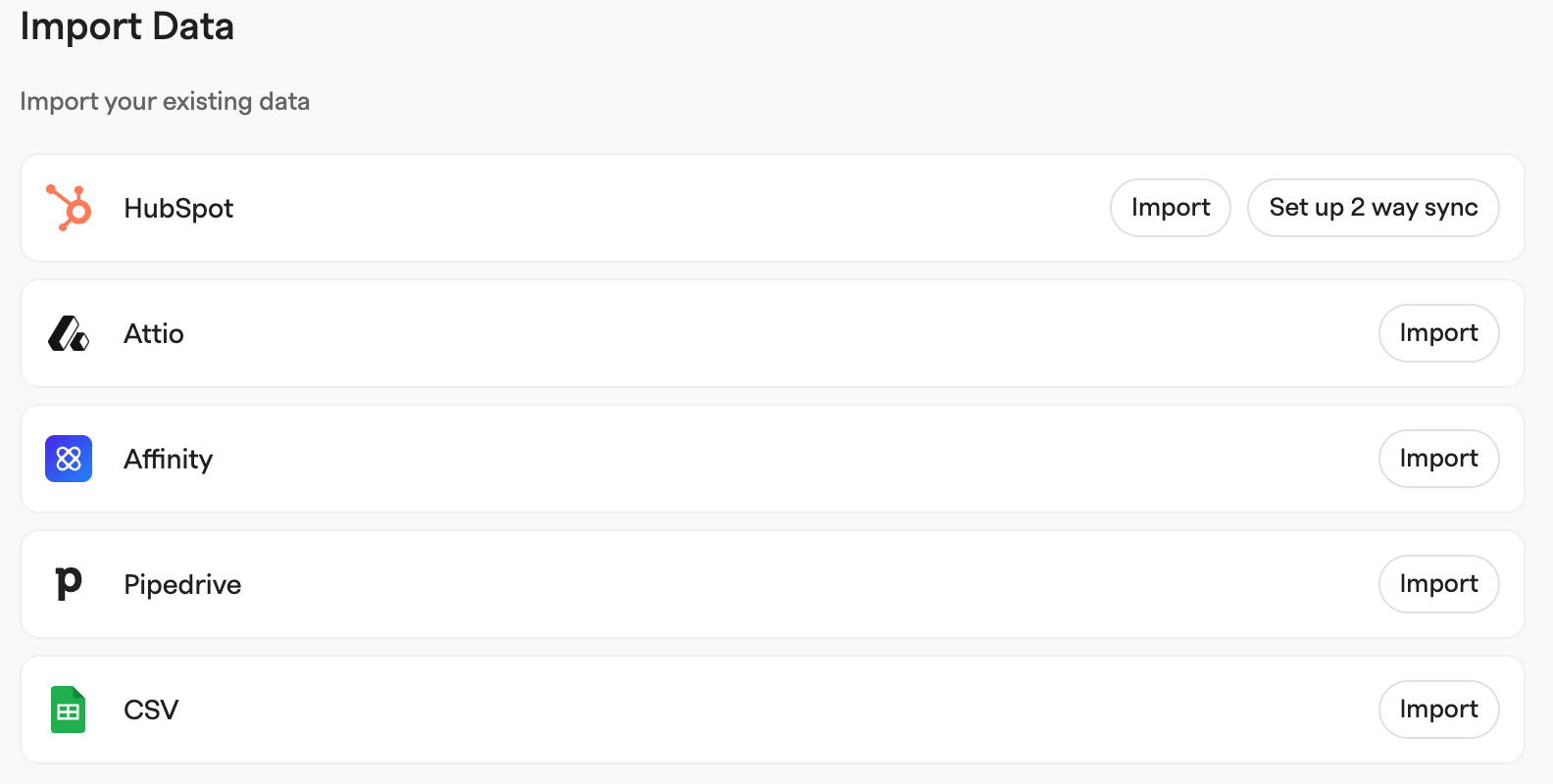 Import Data settings listing five import sources as cards, each with an Import button and one offering two-way sync