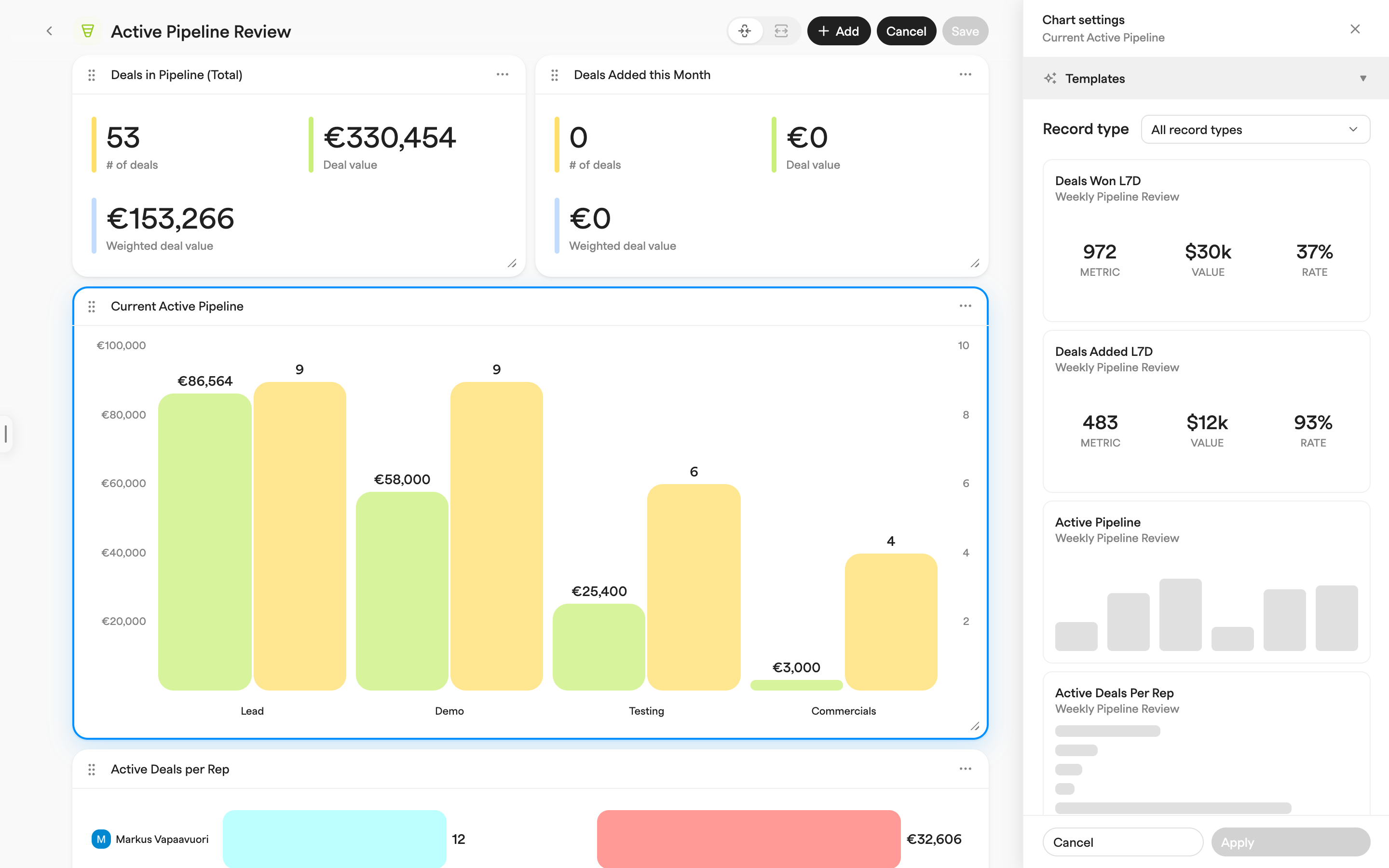 Chart settings panel with a record-type selector above a gallery of chart templates, each previewing its metrics or shape