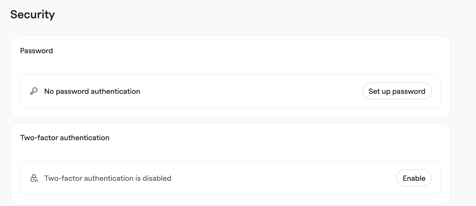 Account security settings showing the Password section and a disabled Two-factor authentication section