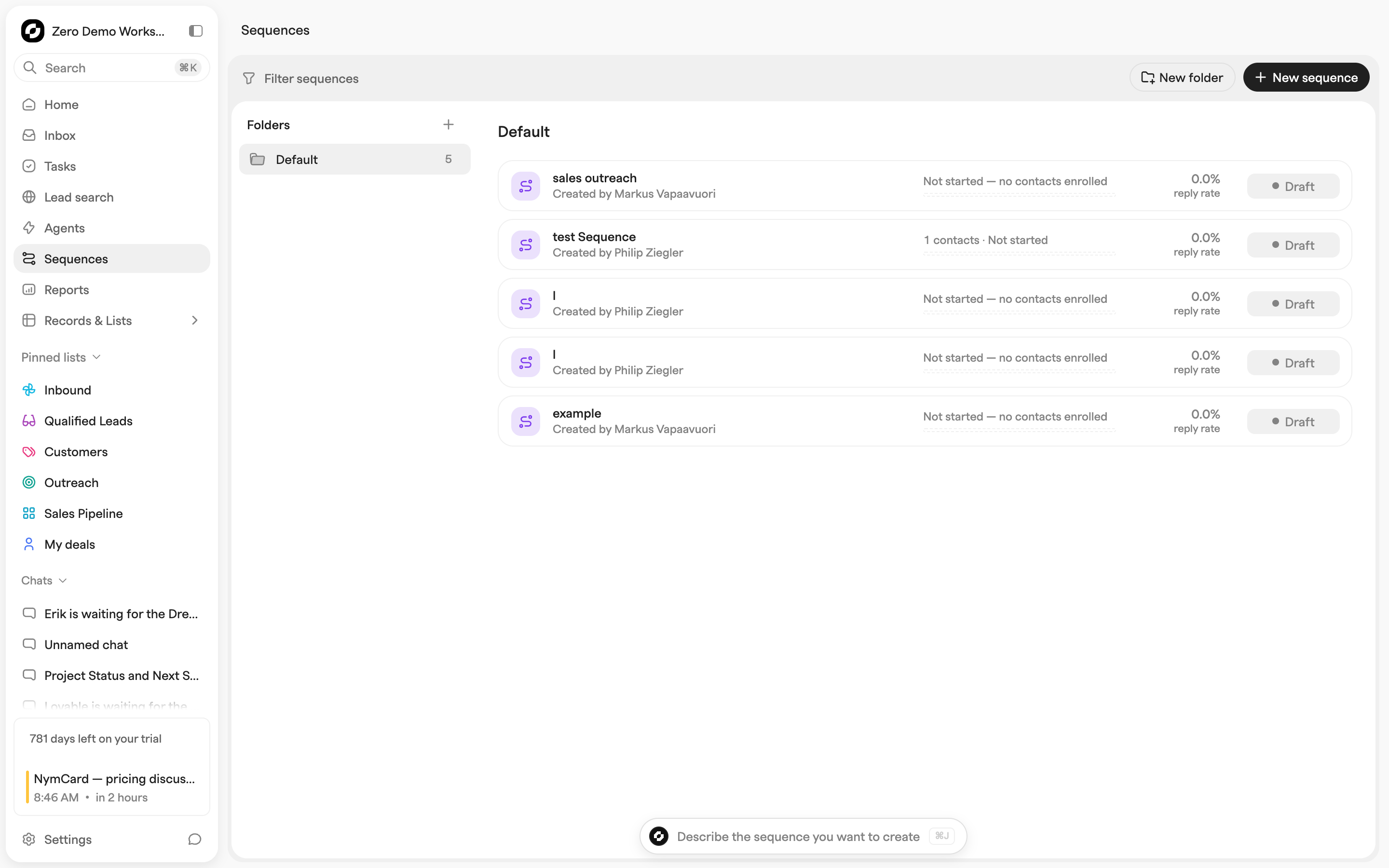 Sequences index with a folder sidebar and five draft sequences, each showing enrolment status and reply rate