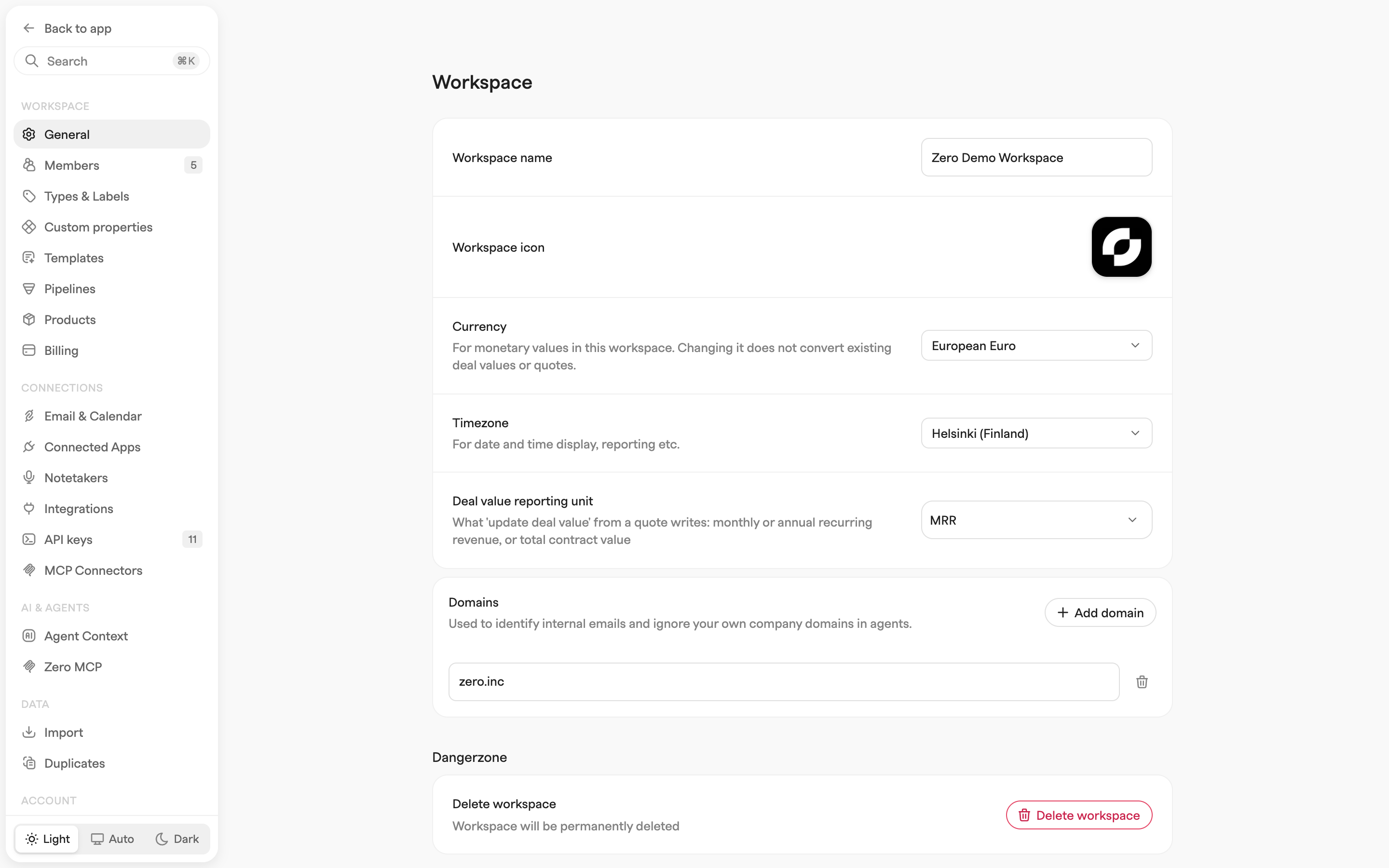 Settings sidebar with the Workspace, Connections, AI & Agents, Data and Account sections, beside the workspace general page