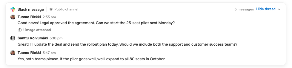 An expanded Slack conversation in a Zero activity timeline
