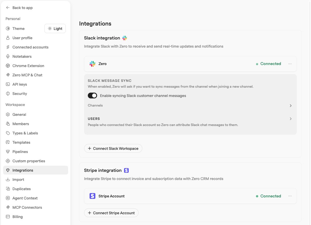 Slack message sync settings in Zero