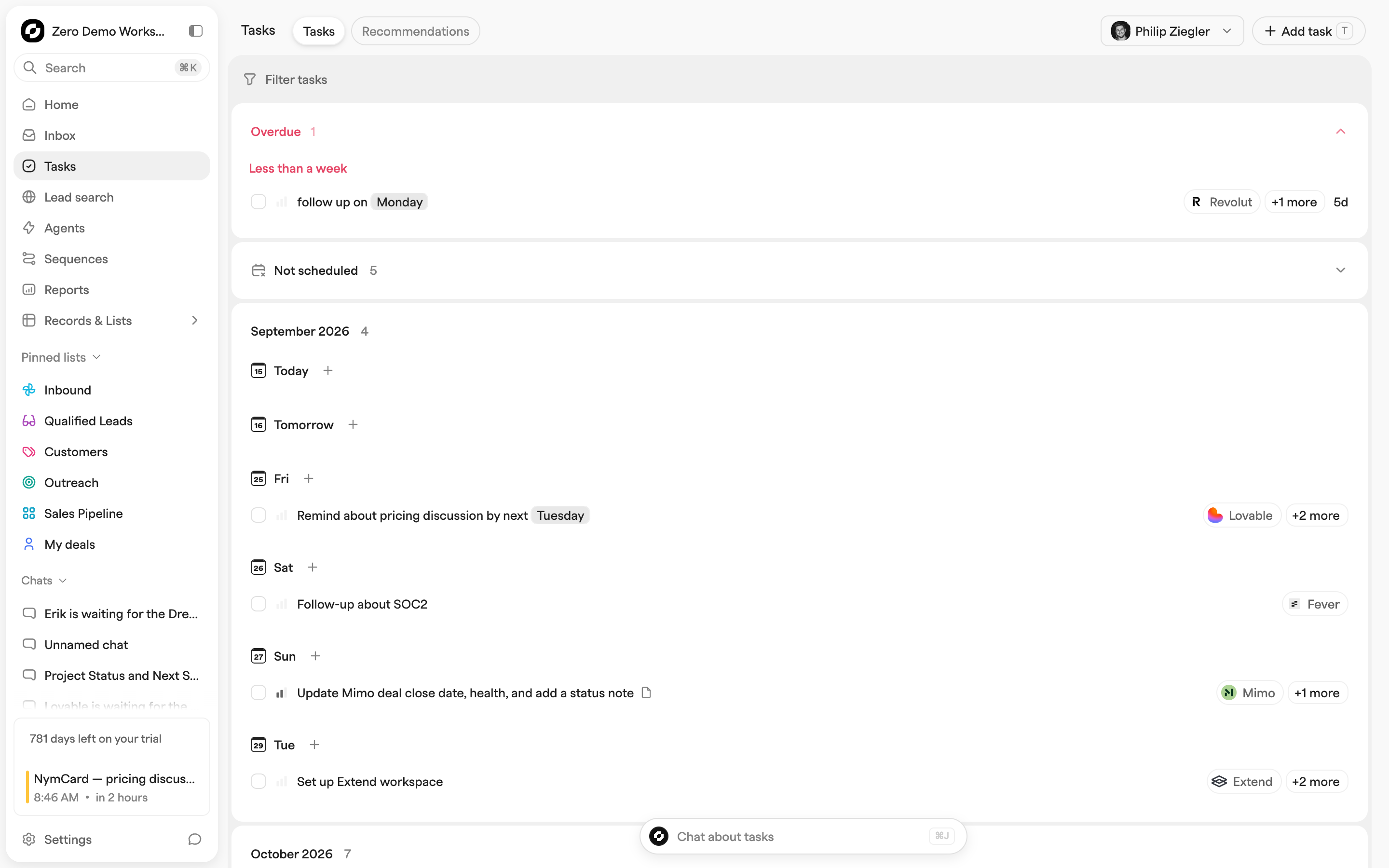 Tasks page grouped by due date, with Overdue and Not scheduled sections above per-day rows for the coming weeks