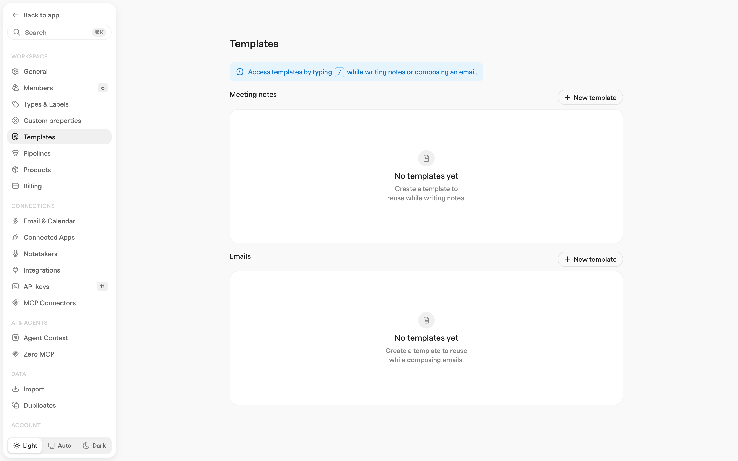 Templates settings with empty Meeting notes and Emails sections, each offering a New template button
