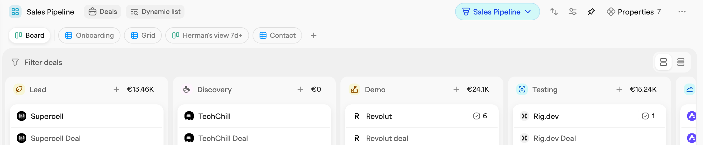 View switcher on a list page, with Board and Grid view tabs above the filter bar of a deal pipeline