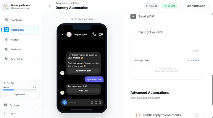 Zextra automation editor with Go Live button highlighted and full DM flow preview