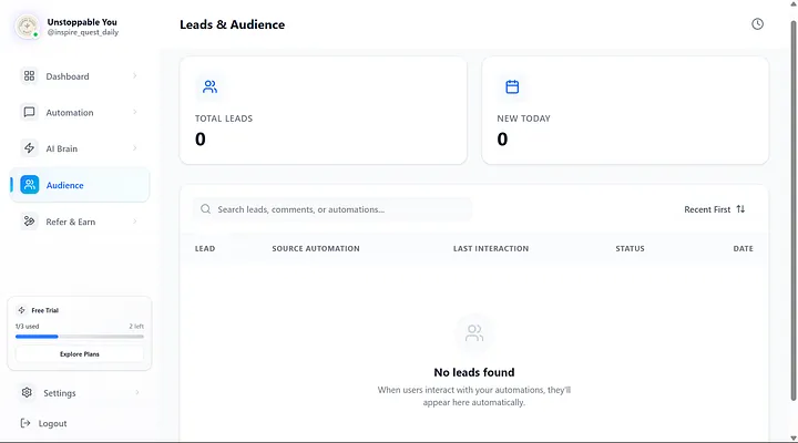 Zextra Leads & Audience section showing Total Leads, New Today, and interaction history
