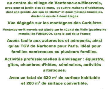 Vente multipropriété 630m² dans le village de Ventenac-en-Minervois, près de Narbonne -860.000