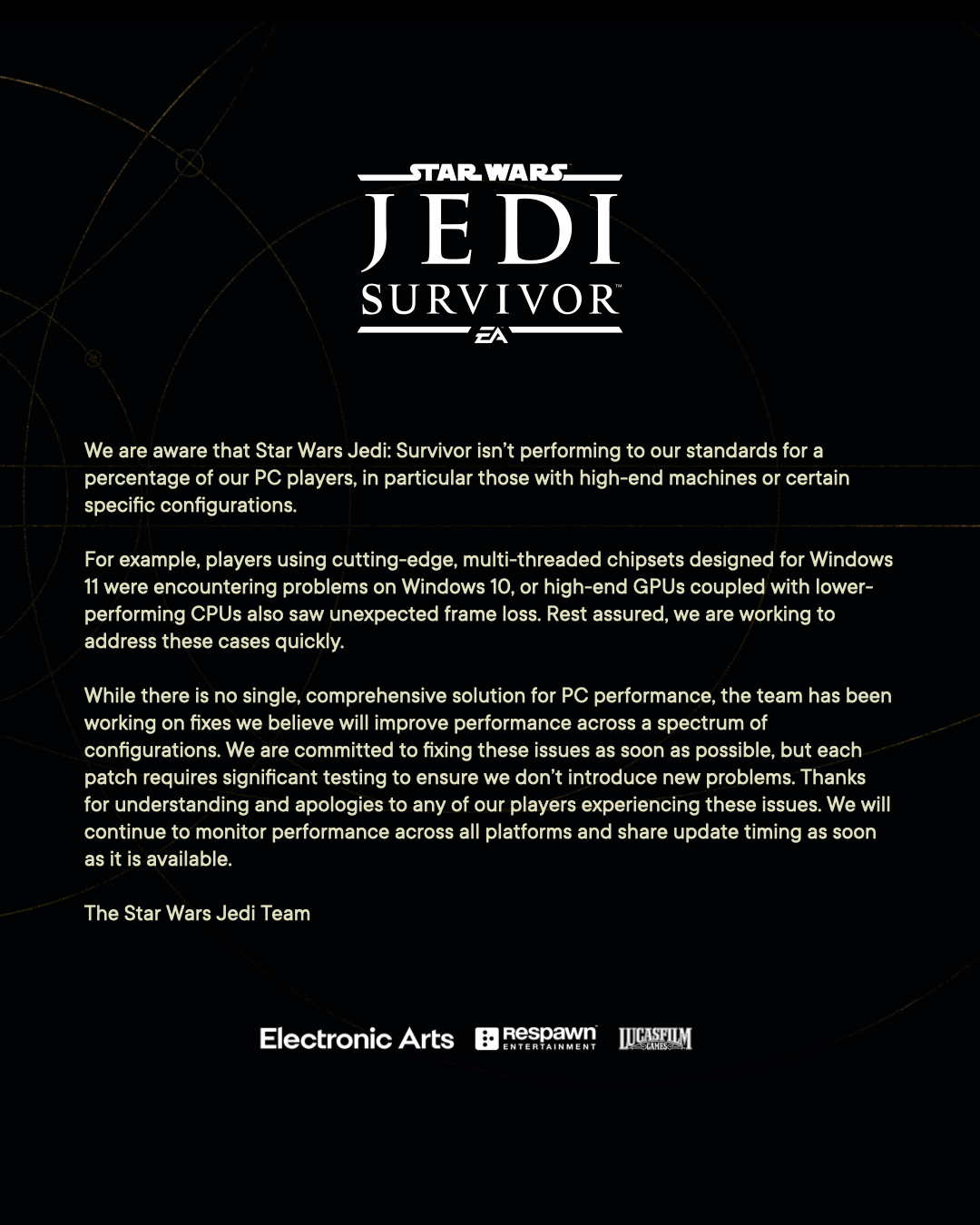 Tvůrci Star Wars Jedi: Survivor přicházejí s vyjádřením ke stavu PC verze