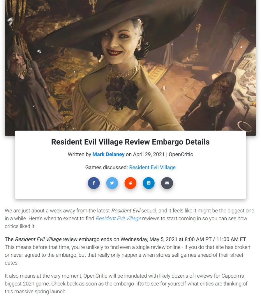 Údajný termín embarga recenzí Resident Evil Village