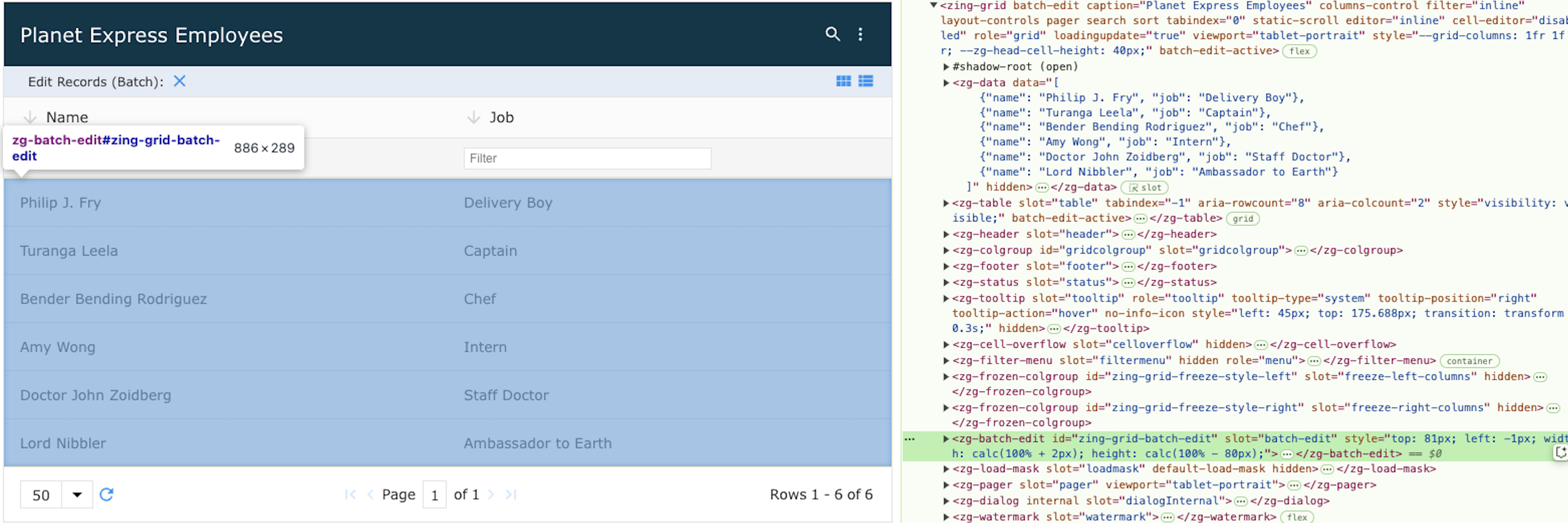 Image of the DOM relationship for the zg-batch-edit web component tag