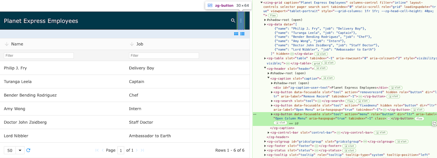 Image of the DOM relationship for the zg-button web component tag