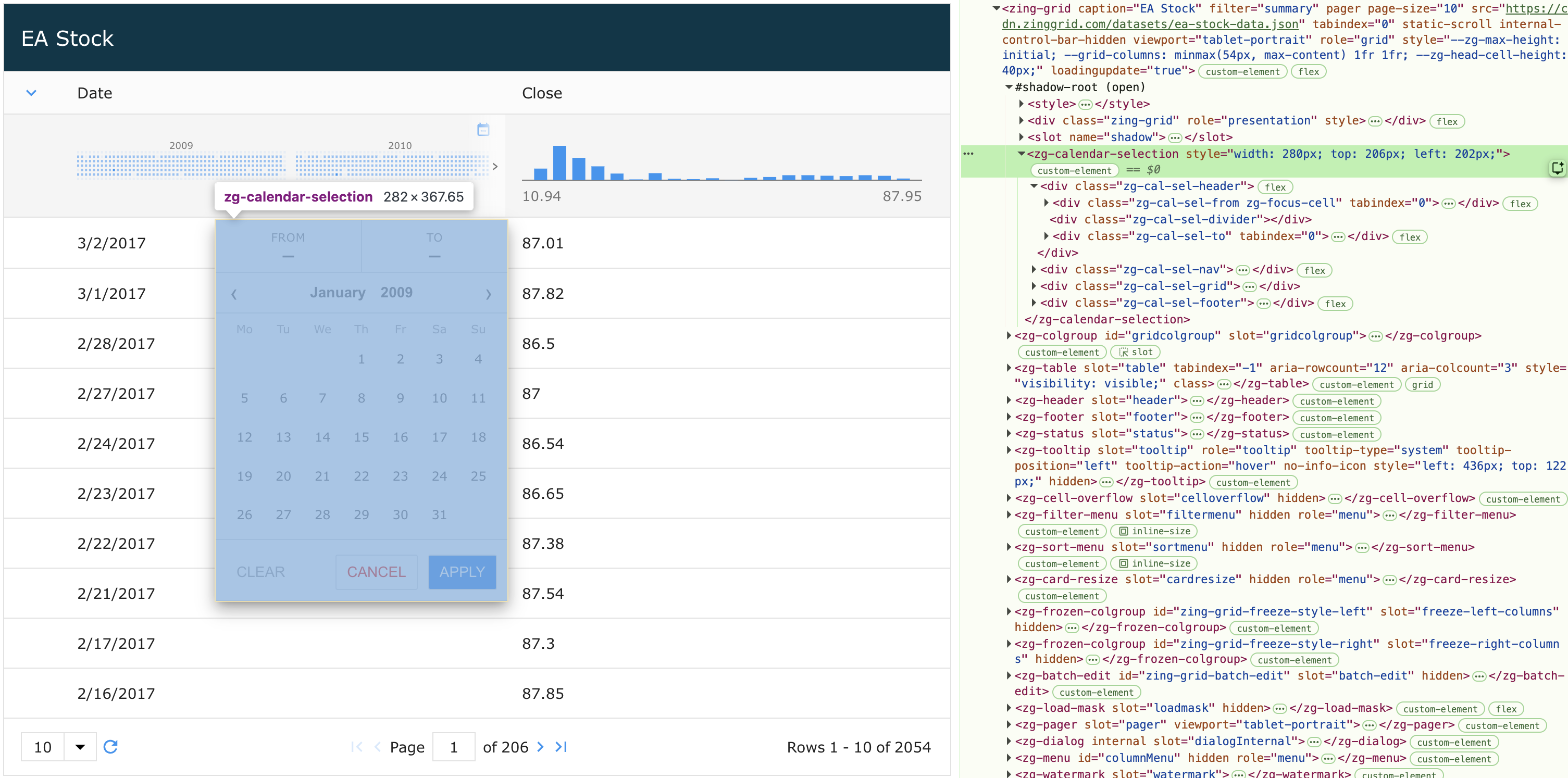 Image of the DOM relationship for the zg-calendar-selection web component tag