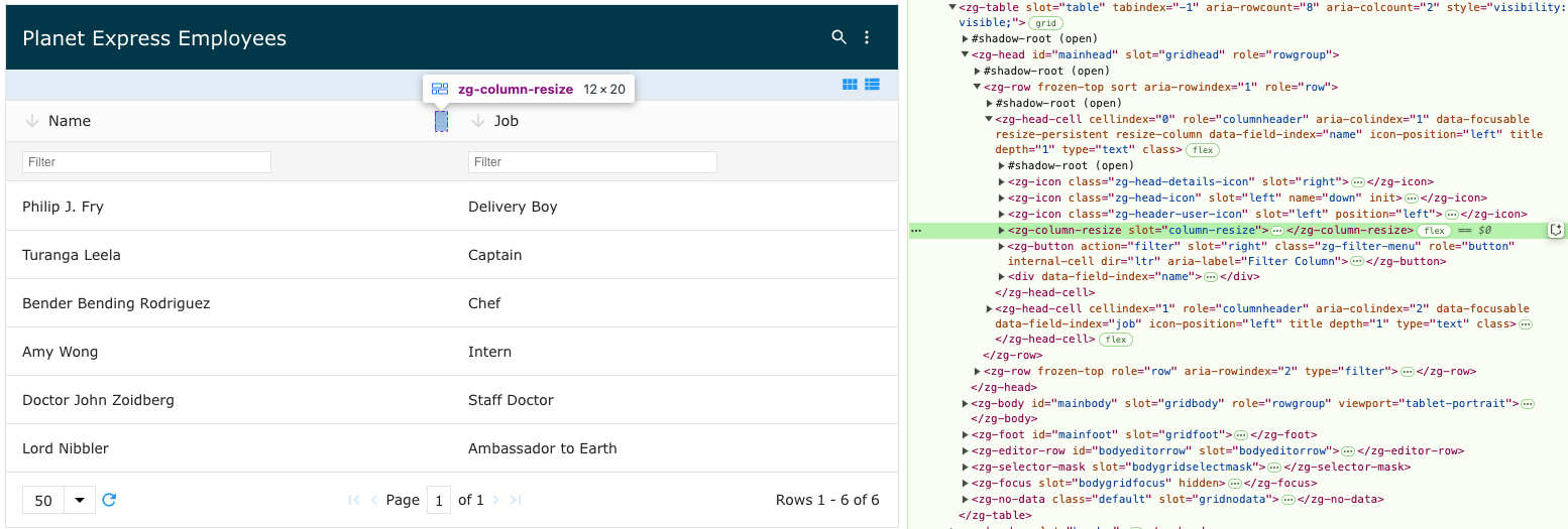 Image of the DOM relationship for the zg-column-resize web component tag