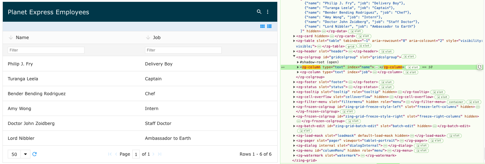 Image of the DOM relationship for the zg-column web component tag