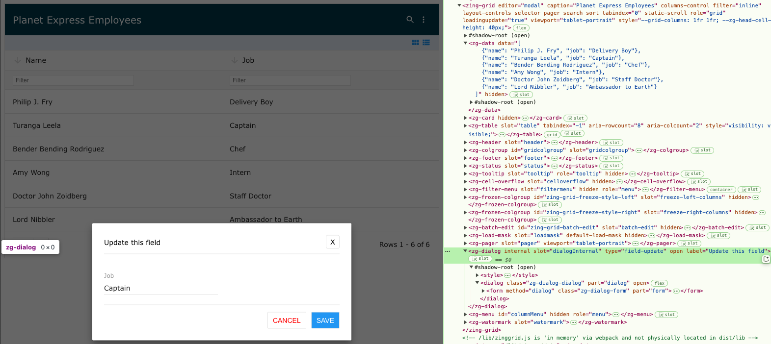 Image of the DOM relationship for the zg-dialog web component tag